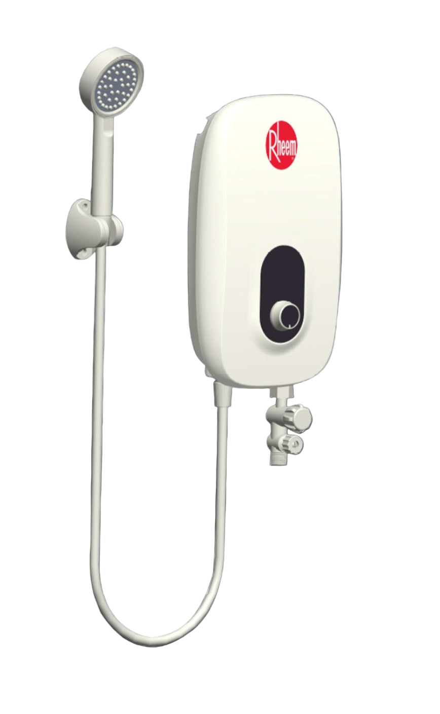 White shower head and electric shower unit on a black background