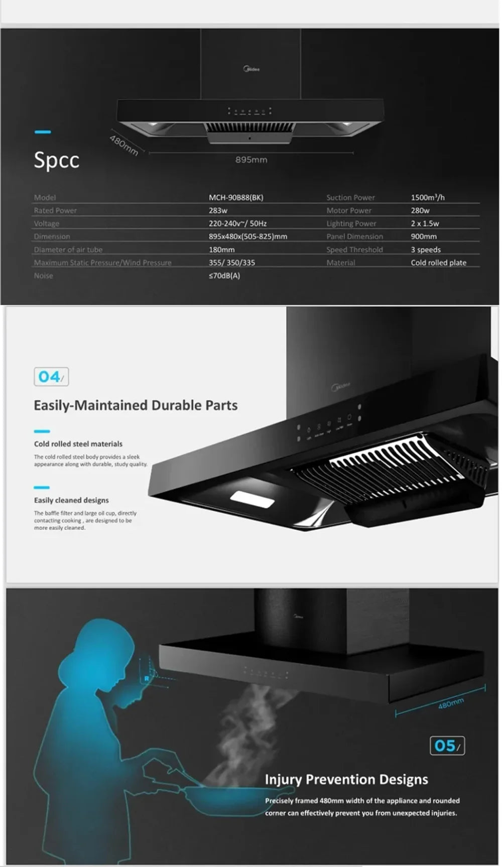 Midea Cooker Hood | MCH90B88(BK)