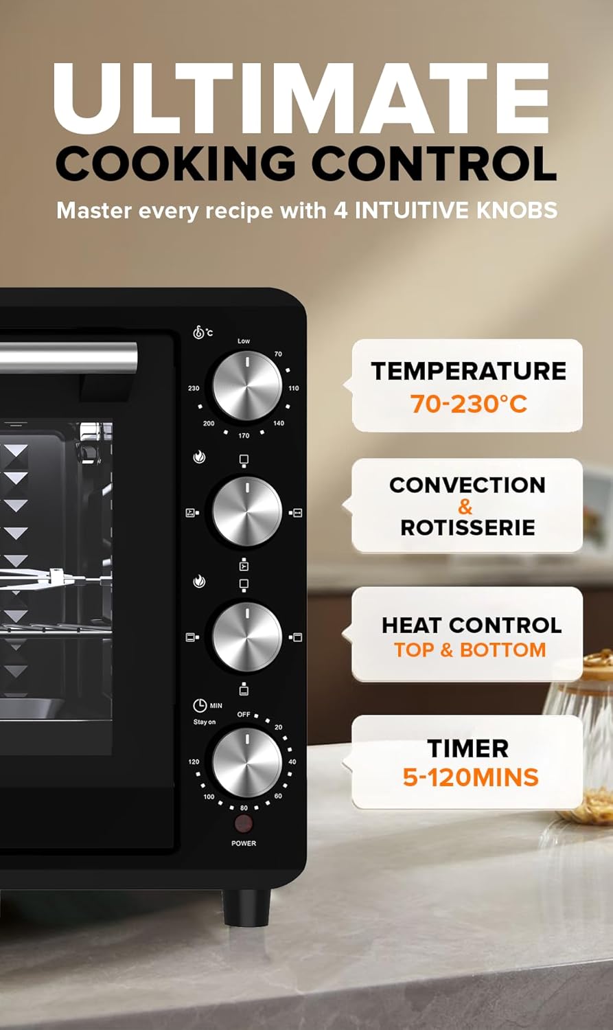 Cornell 70L Double Glass Electric Oven with Rotisserie & Convection Function CEOS702BK