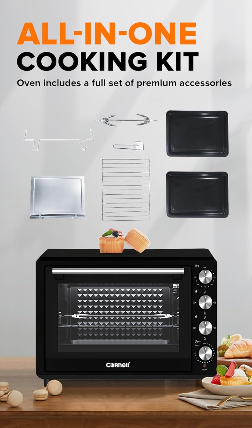 Cornell 70L Double Glass Electric Oven with Rotisserie & Convection Function CEOS702BK