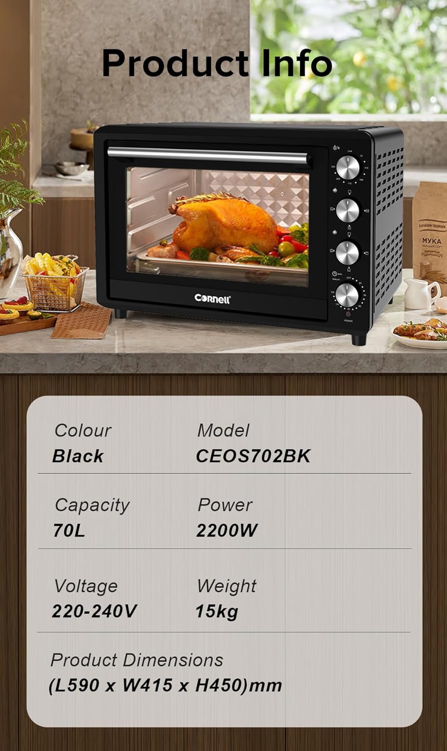 Cornell 70L Double Glass Electric Oven with Rotisserie & Convection Function CEOS702BK