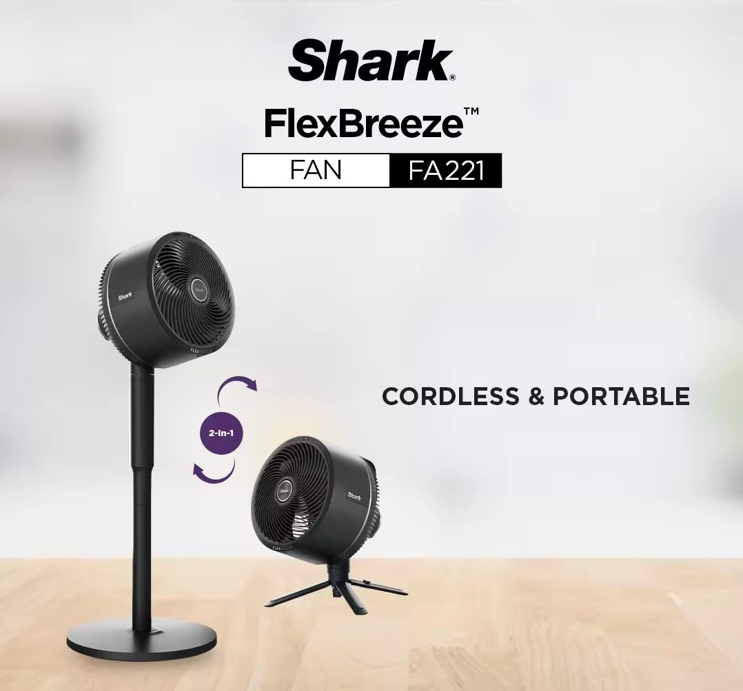 Shark FlexBreeze Cordless & Portable Fan, Indoor & Outdoor, Stand Fan & Pedestal Tabletop, Black / White - FA221