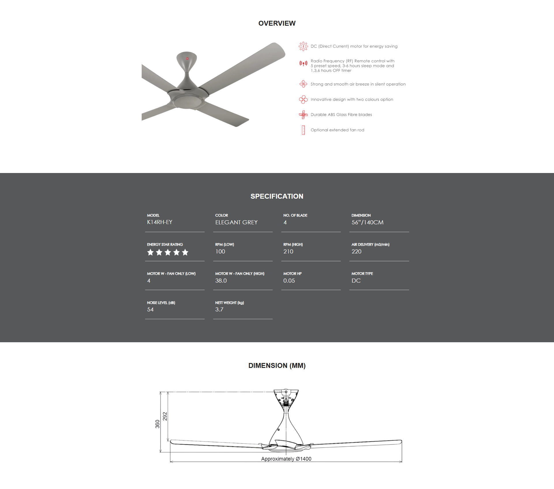 KDK 4 Blades (DC) Ceiling Fan with remote controller | K14RH-PBR
