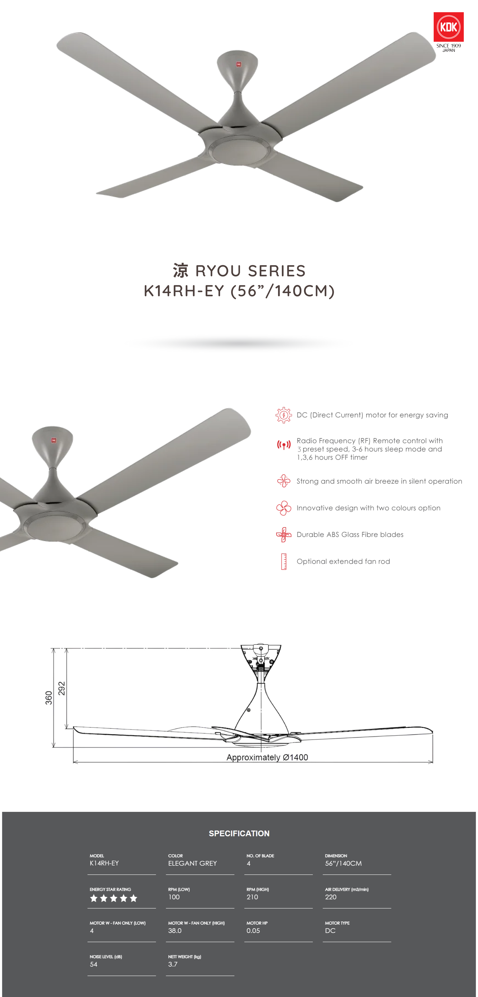 KDK 4 Blades (DC) Ceiling Fan with remote controller | K14RH-EY