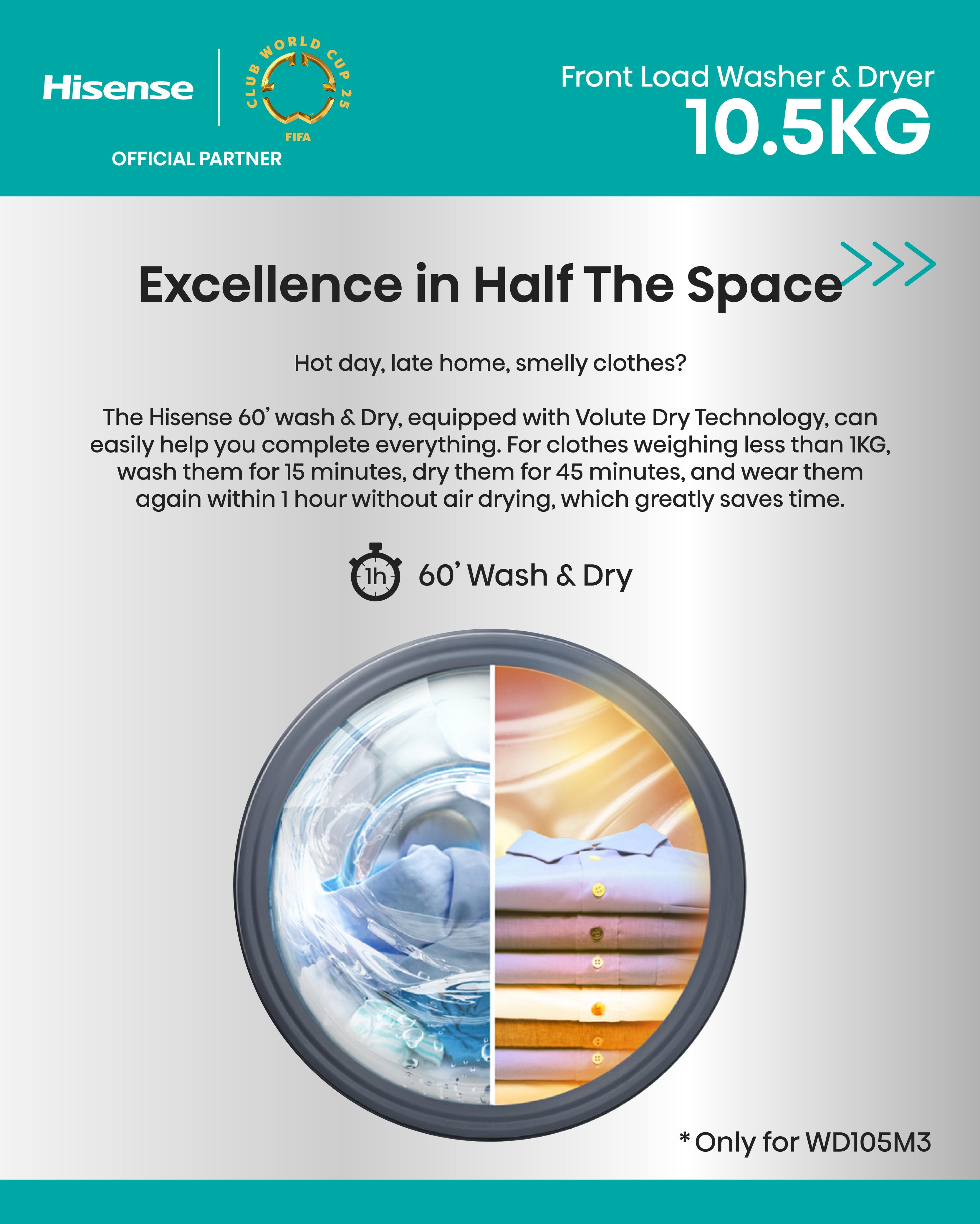 HISENSE Front Load Washer & Dryer 10.5Kg | WD105M3