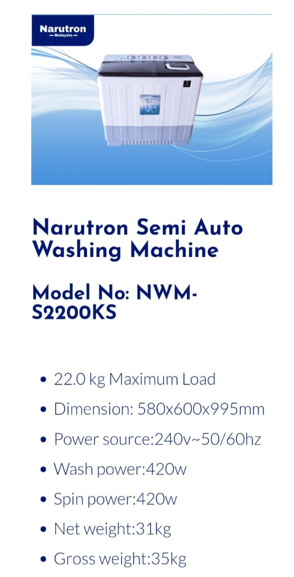 Narutron Semi Auto Washing Machine 22Kg | NWM-S2200KS