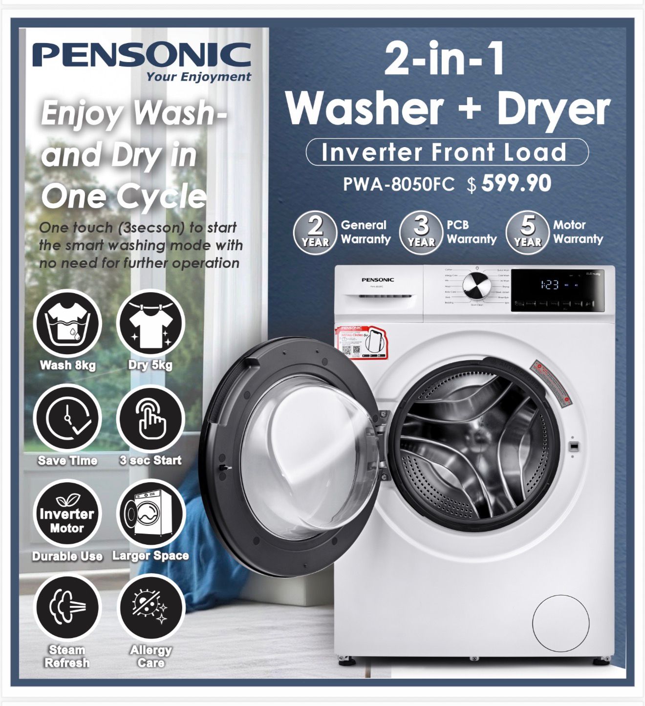Pensonic INVERTER Front Load Washing Machine | 8kgs 2-in-1 Dryer and Washer | PWA-8050FC