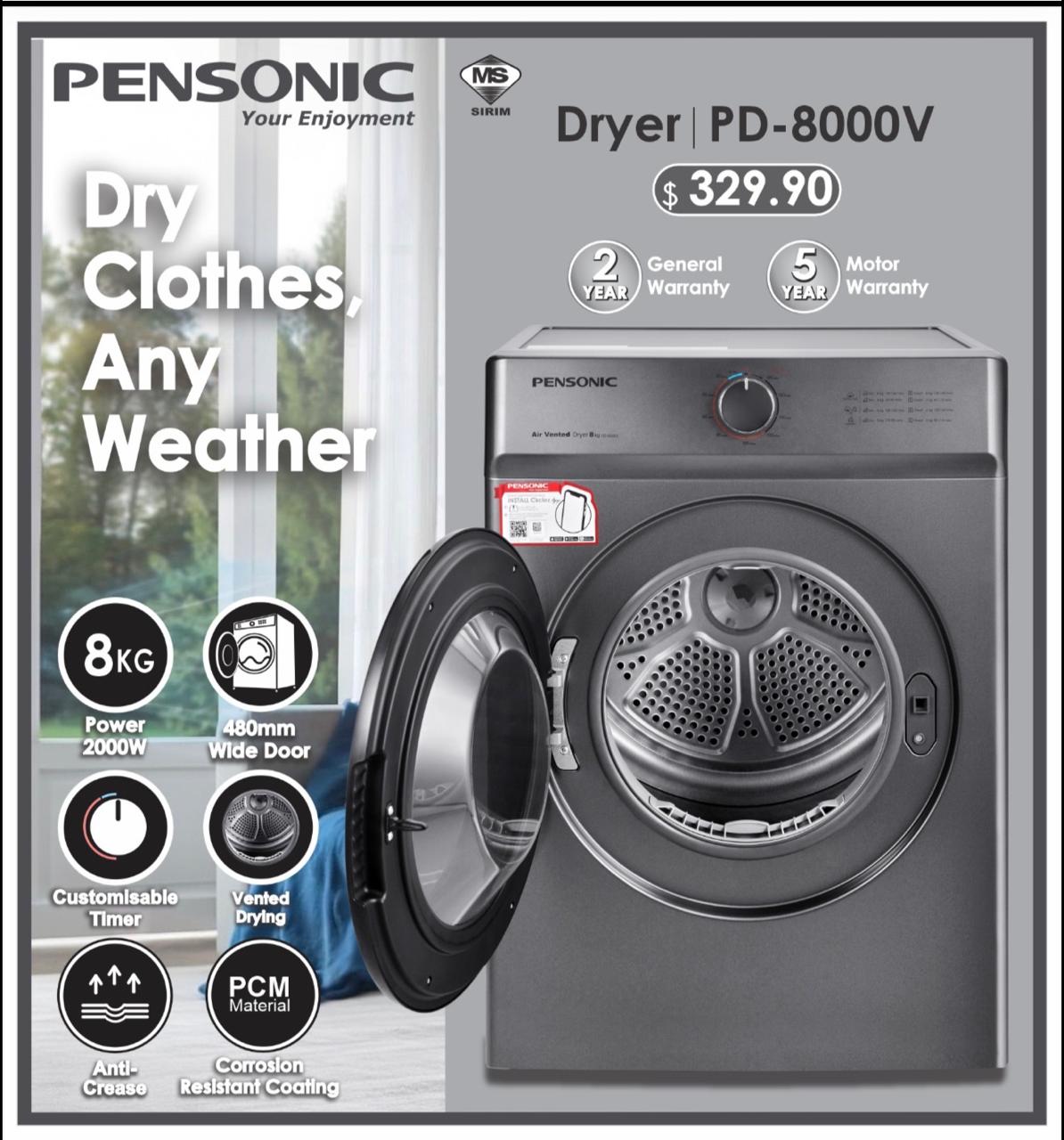 Pensonic Dryer 8Kg | PD-8000V