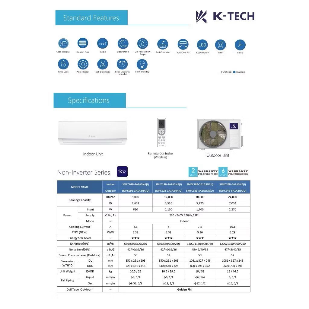 KTECH 1.0Hp Wall Mounted Aircond | SMFC09B-3A1A3NA
