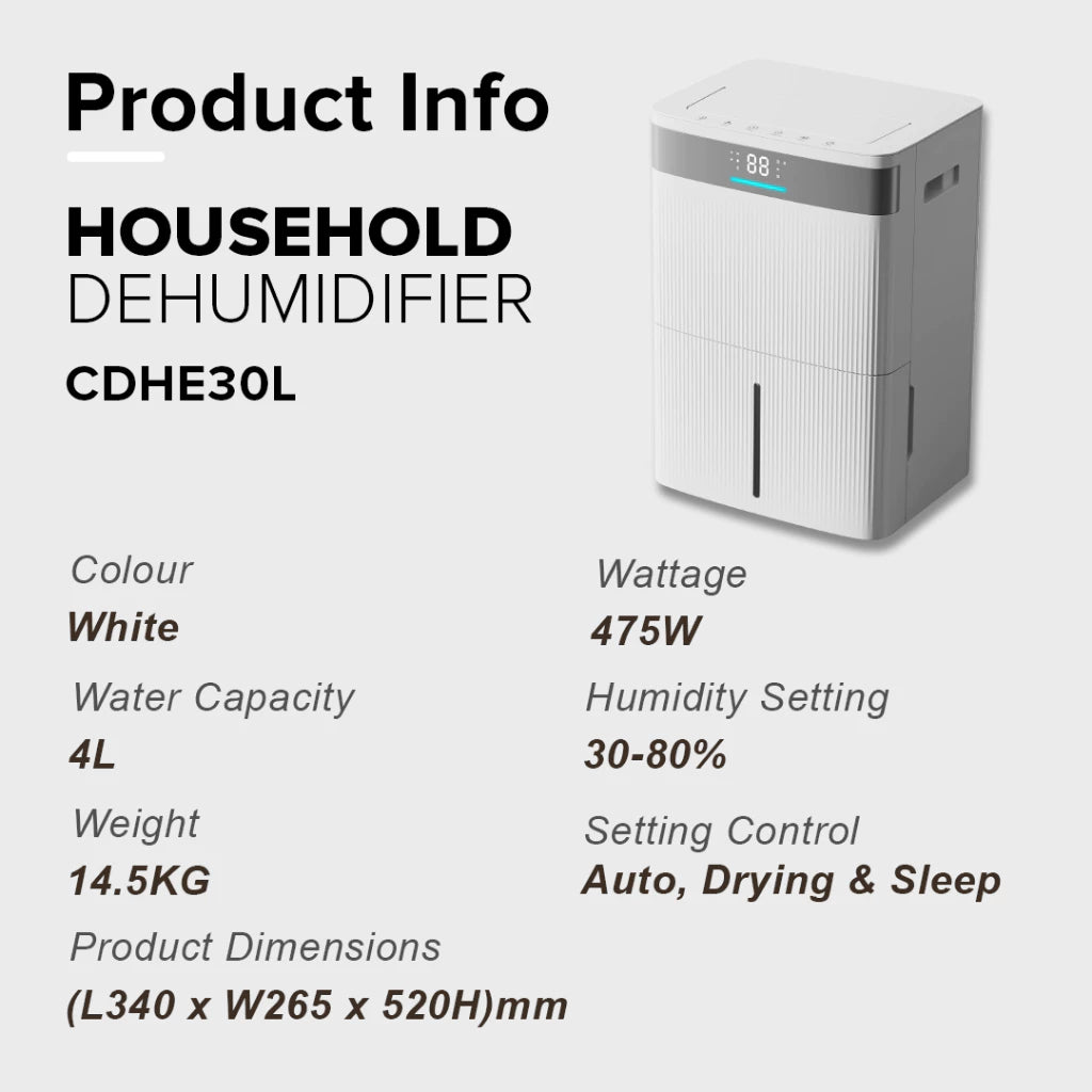 Cornell 12L 30L Dehumidifier, High Coverage Area with Real Time Display CDHE30L