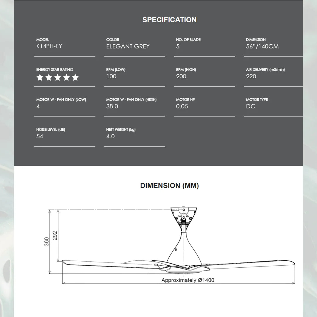 KDK 5 Blades (DC) Ceiling Fan with remote controller | K14PH-EY
