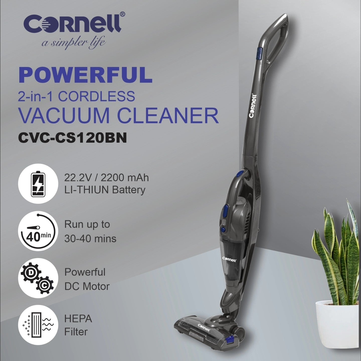 Cornell 2-in1 Cordless Handheld & Stick Vacuum Cleaner - CVC-CS120BN