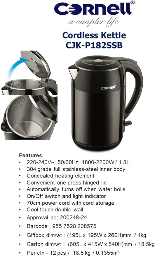 Cornell Cool Touch Double Wall Jug Kettle 1.8L | CJK-P182SSB