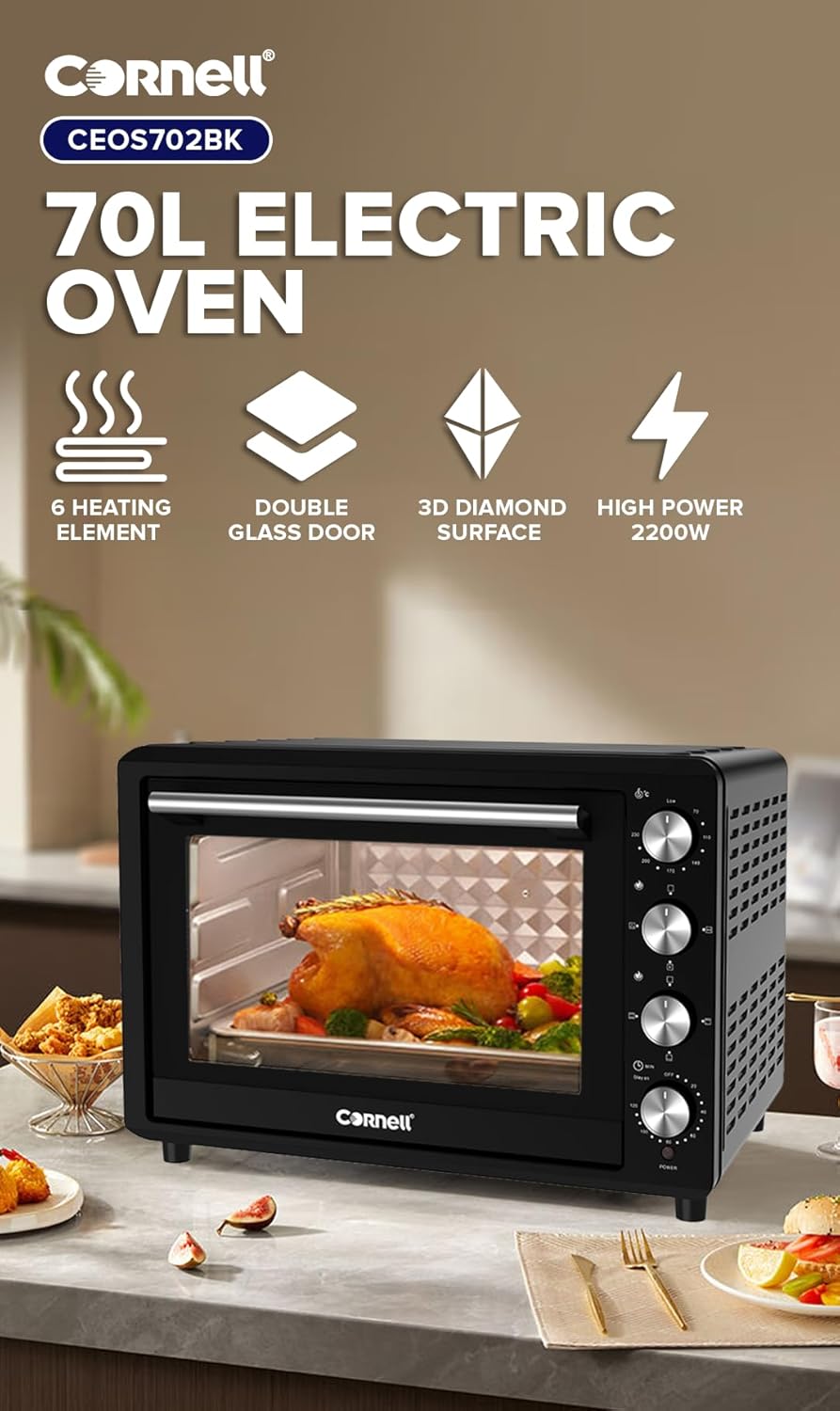 Cornell 70L Double Glass Electric Oven with Rotisserie & Convection Function CEOS702BK