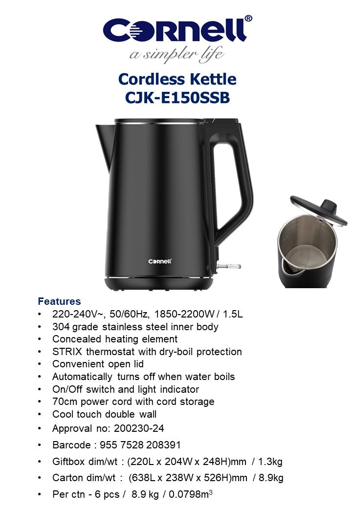 Cornell 1.5L Seamless Cordless Jug Kettle - CJK-E150SSB