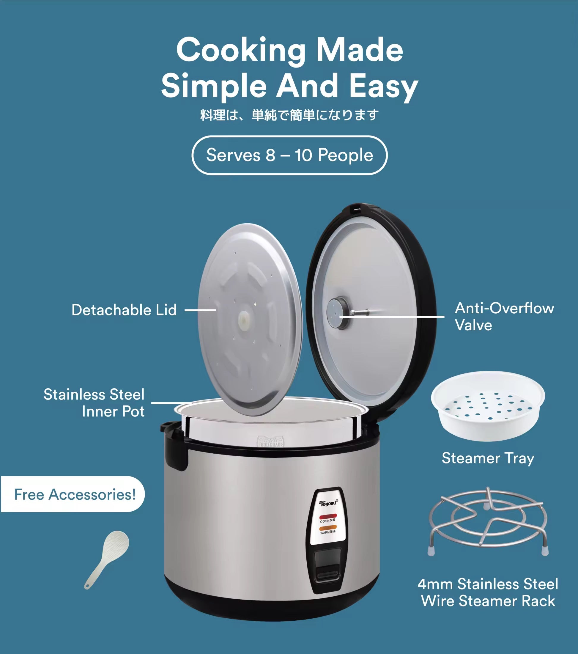 TOYOMI 1.8L Electric Rice Cooker & Warmer with Stainless Steel Inner Pot RC 968SS