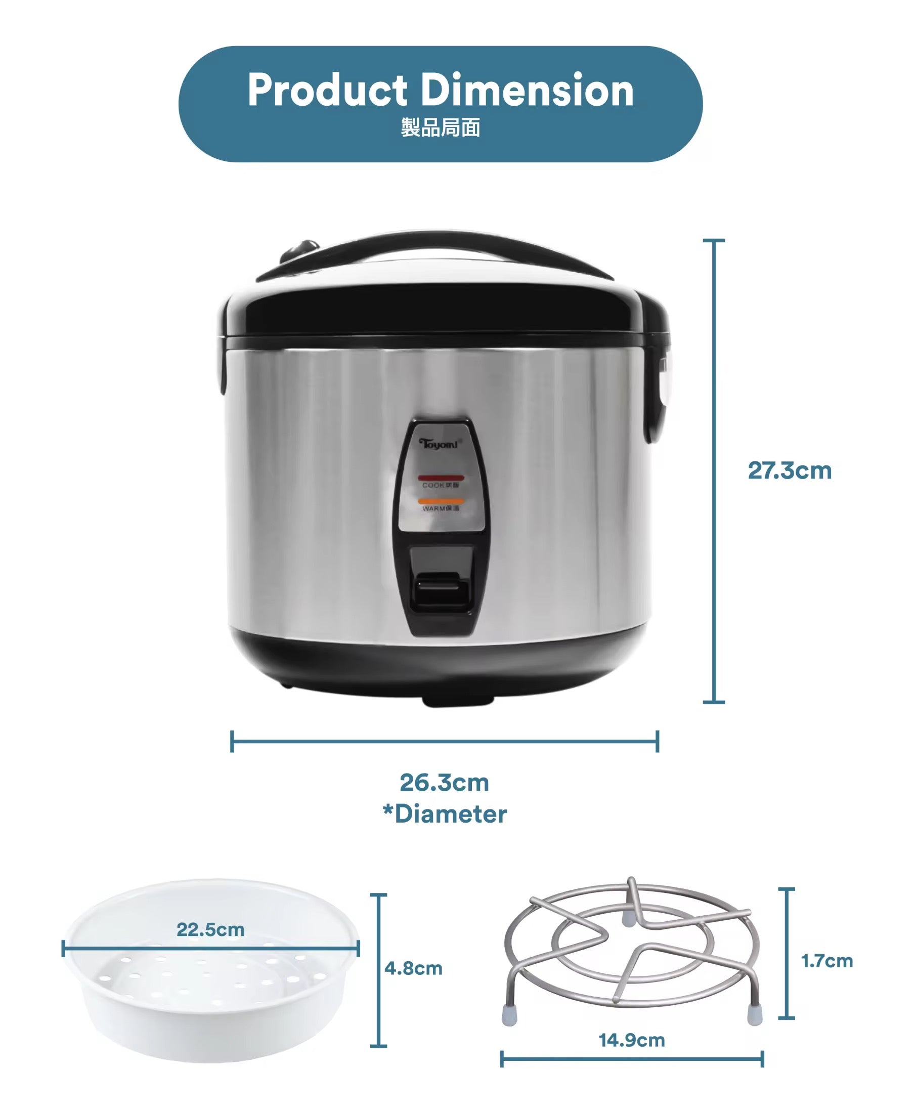 TOYOMI 1.8L Electric Rice Cooker & Warmer with Stainless Steel Inner Pot RC 968SS