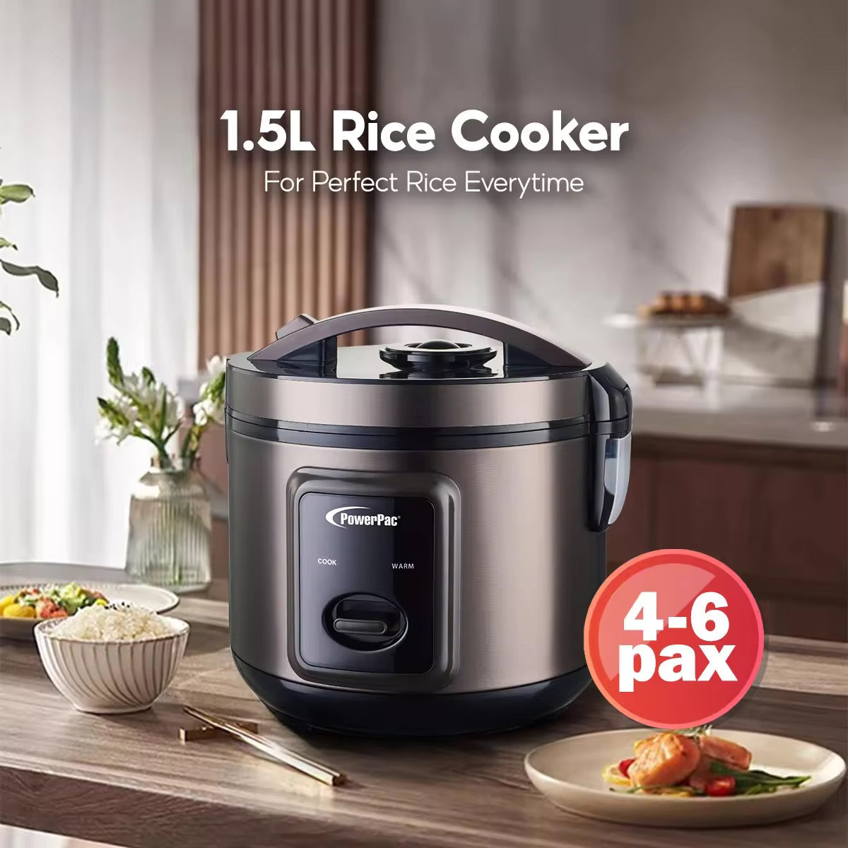 PowerPac Rice Cooker 1.5L with Steamer & Stainless Steel Inner Pot (PPRC612