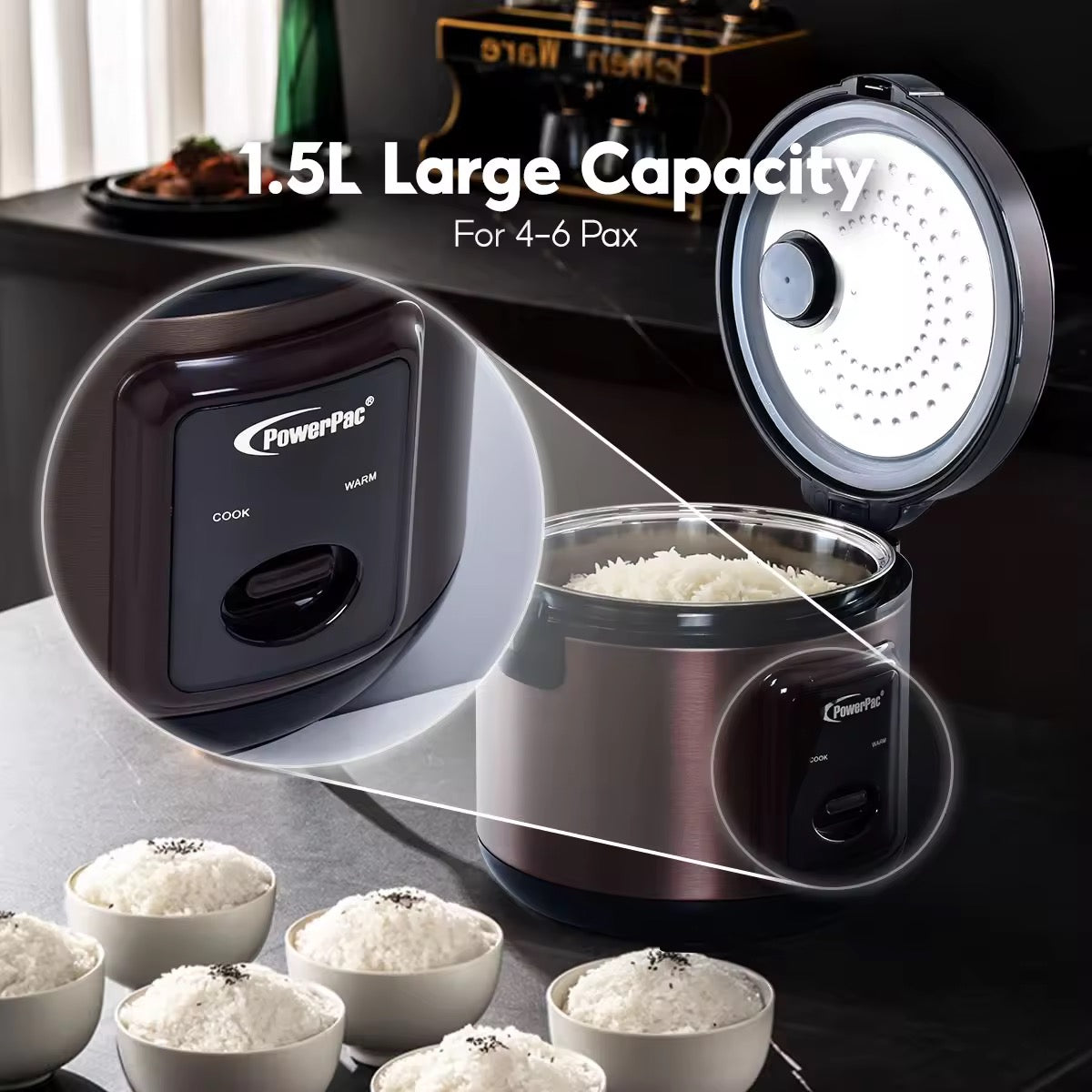 PowerPac Rice Cooker 1.5L with Steamer & Stainless Steel Inner Pot (PPRC612