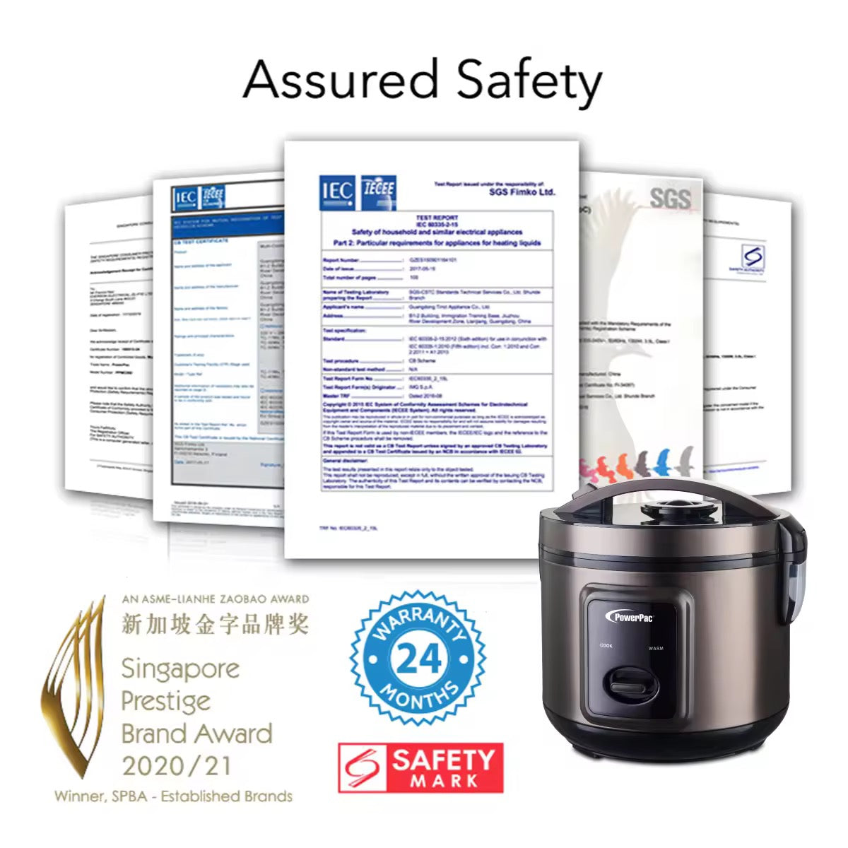 PowerPac Rice Cooker 1.5L with Steamer & Stainless Steel Inner Pot (PPRC612
