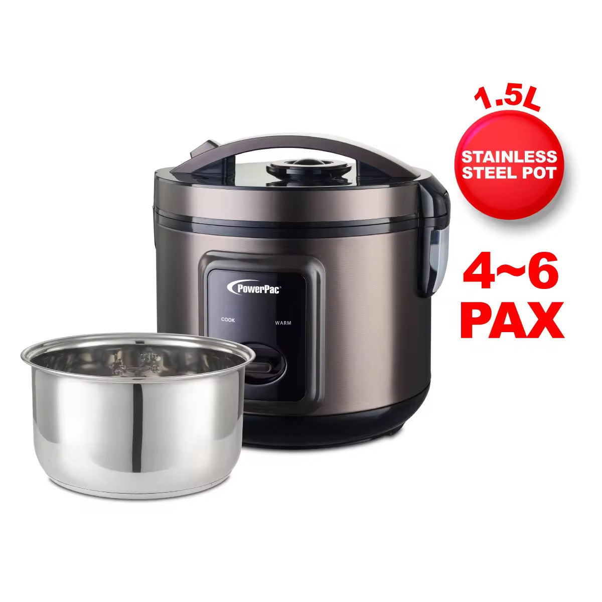 PowerPac Rice Cooker 1.5L with Steamer & Stainless Steel Inner Pot (PPRC612