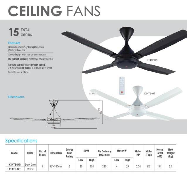 KDK 4 Blades (DC) Ceiling Fan with remote controller | K14TE- WT