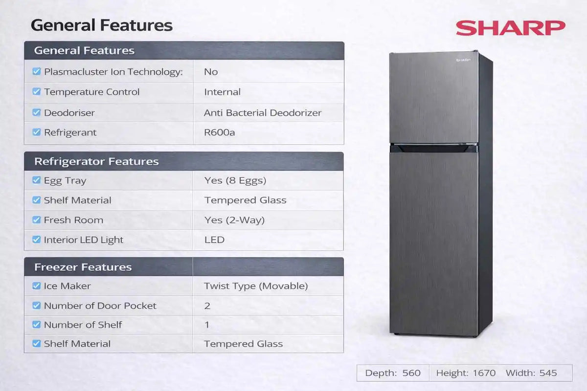 SHARP 2 Door 267L Inverter Fridge Metal Dark Silver | SJ2688MDS