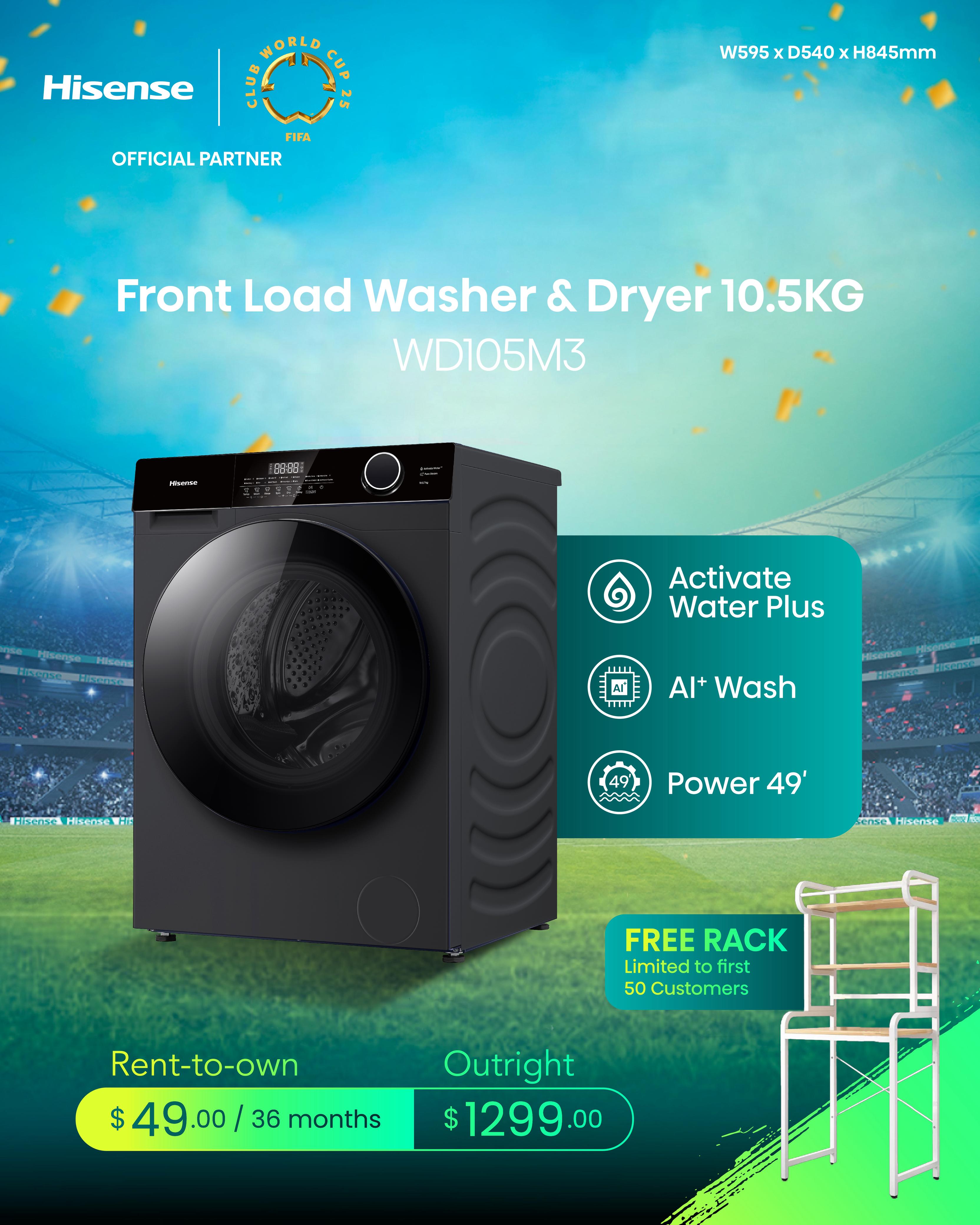 HISENSE Front Load Washer & Dryer 10.5Kg | WD105M3