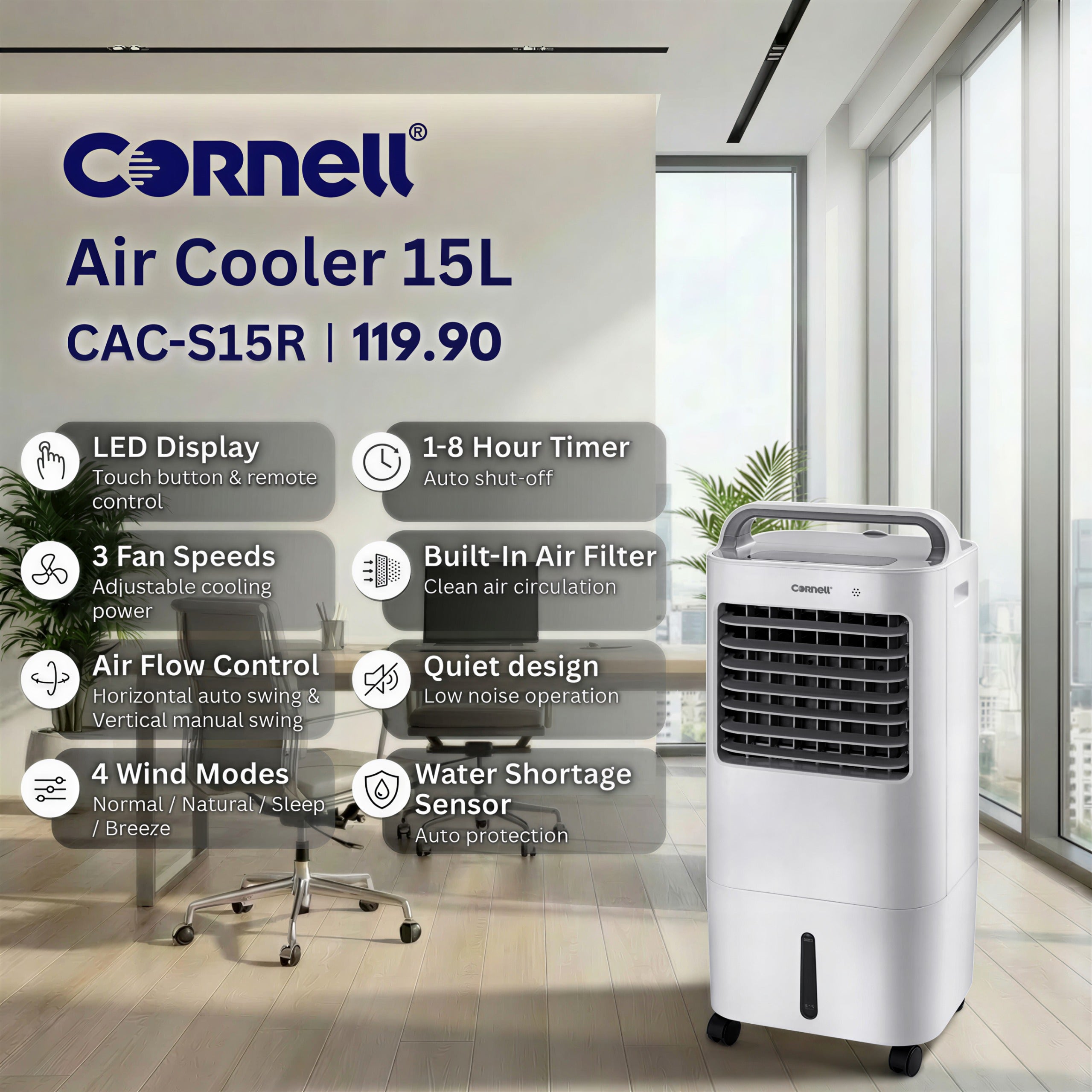 Cornell 15L Air Cooler with Powerful Air Flow | CAC-S15R (Remote Control Stand Fan Penyejuk Udara