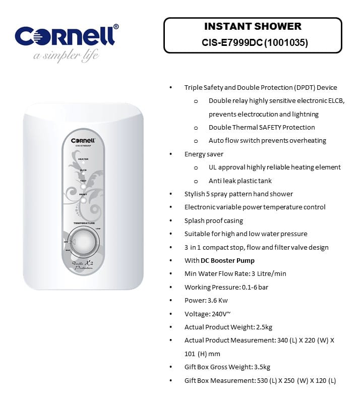 Cornell Instant Shower With DC Pump - CIS-E7999DC