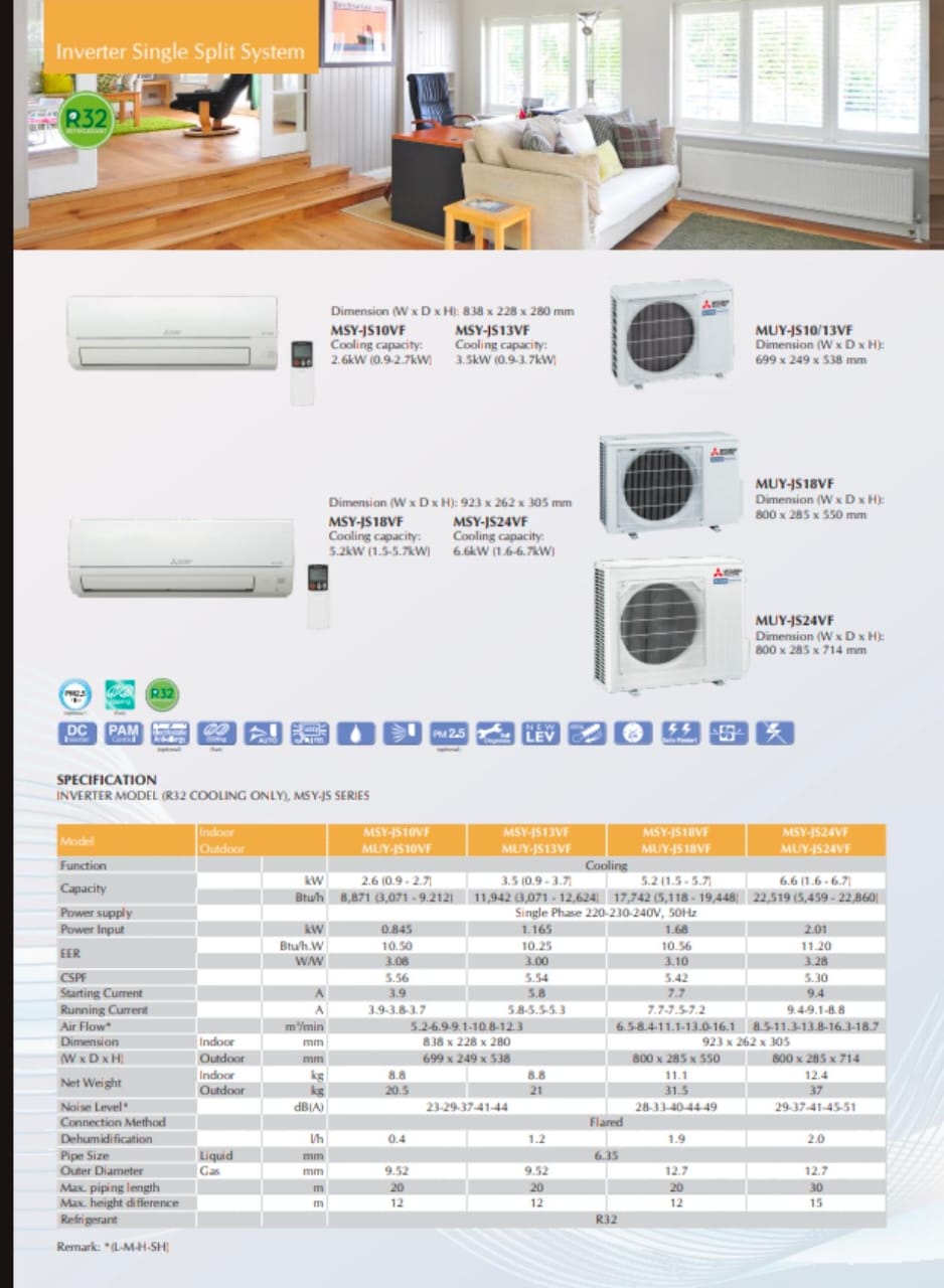 Mitsubishi 1.5HP R32 Inverter Split Type Aircond - MSY/MUY-JS13VF
