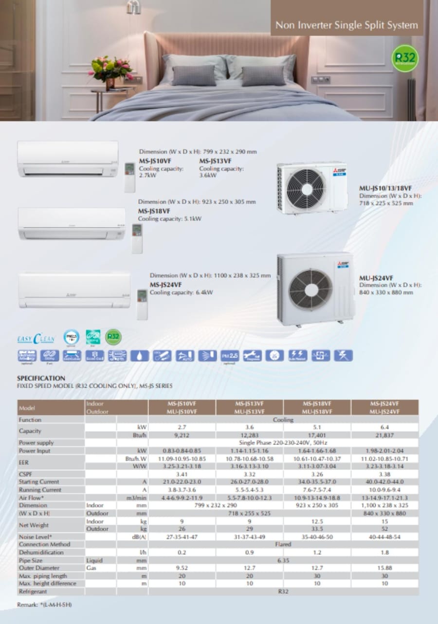 Mitsubishi 2.5HP R32 Split Type Aircond - MS/MU-JS24VF