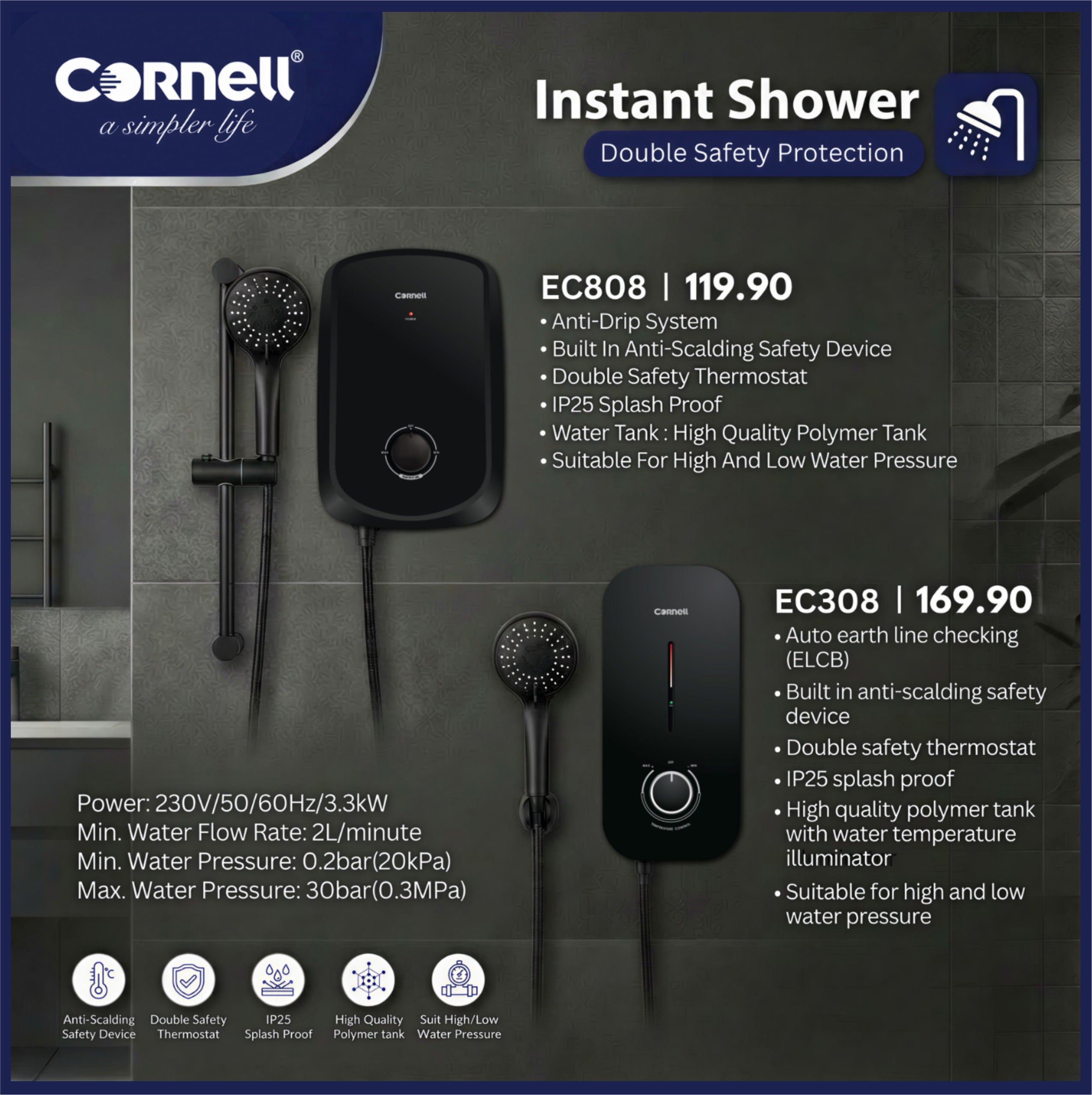 Cornell Instant Water Heater - Black (EC308)