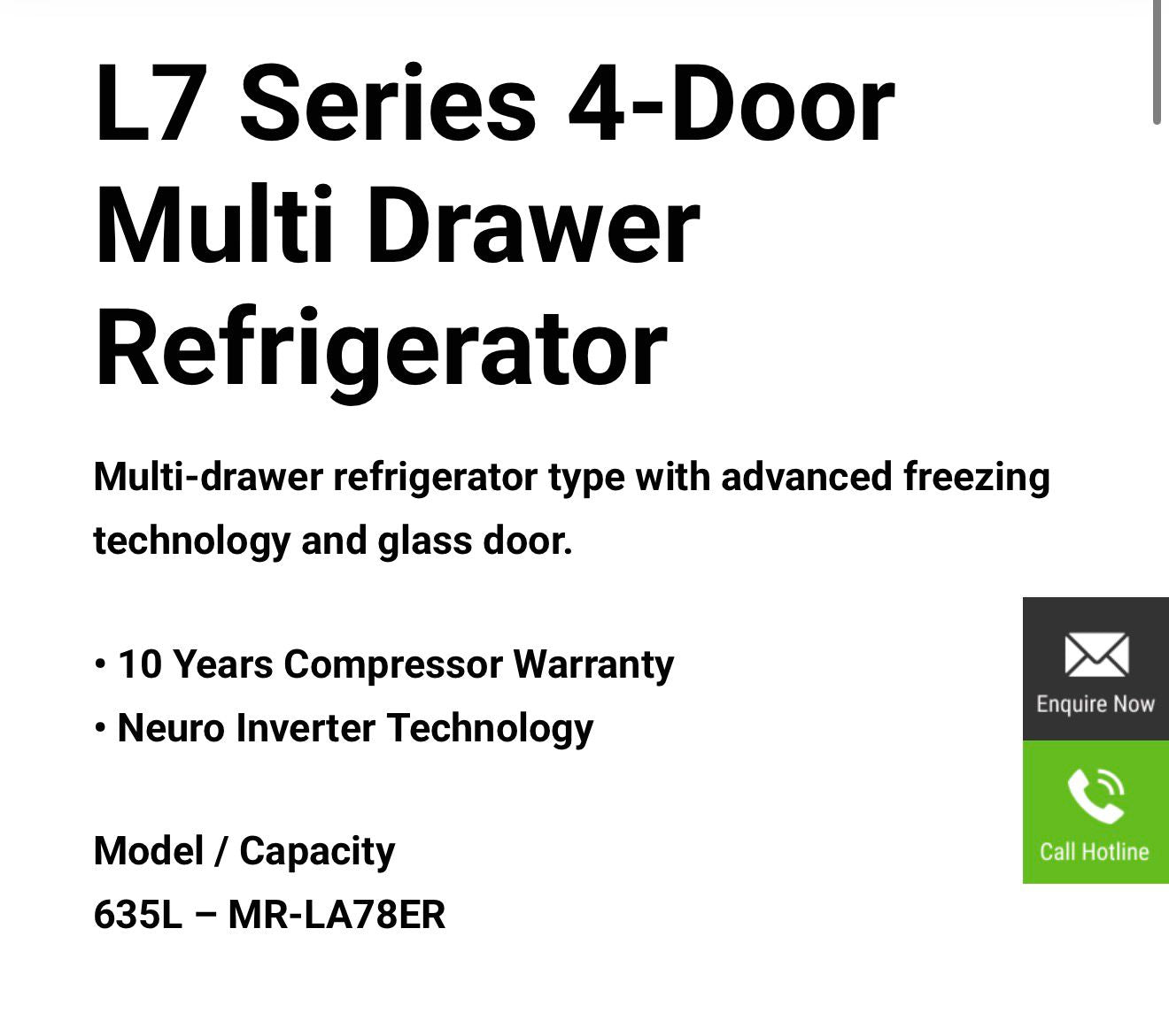 Mitsubishi L7 Series 4-Door Multi Drawer Refrigerator | MR-LA78ER