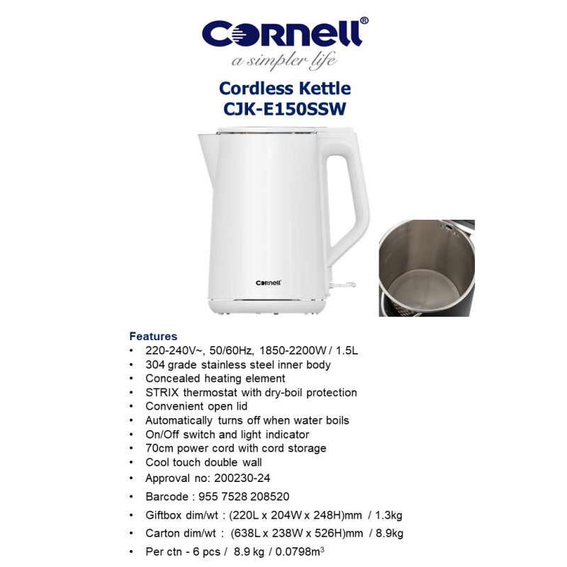 Cornell Cordless Cool Touch Jug Kettle 1.5L (White) | CJK-E150SSW